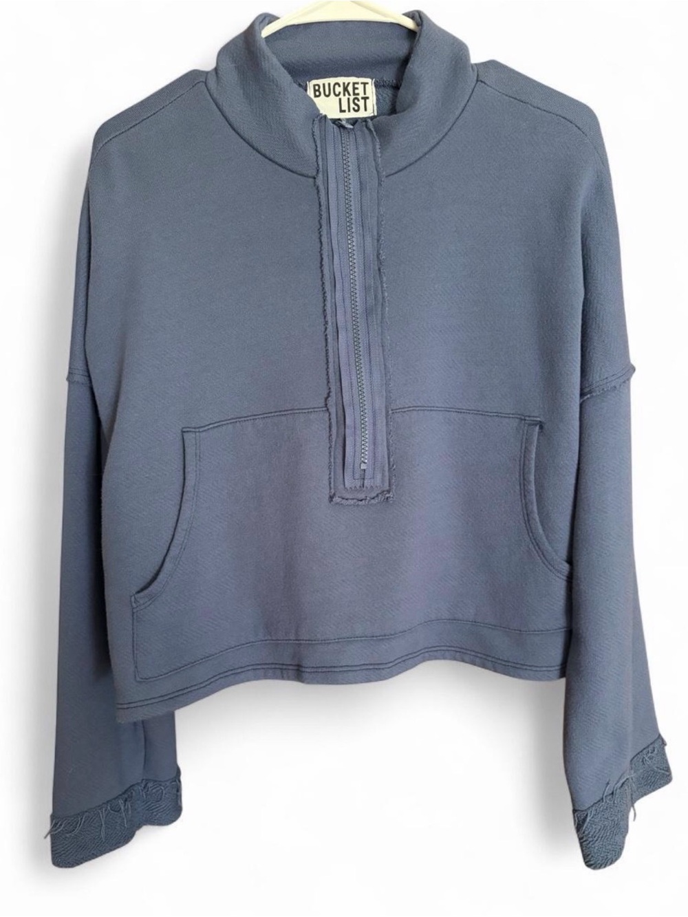 Bucket List women’s blue 1/4 zip sweatshirt raw hem with pocket 19” length